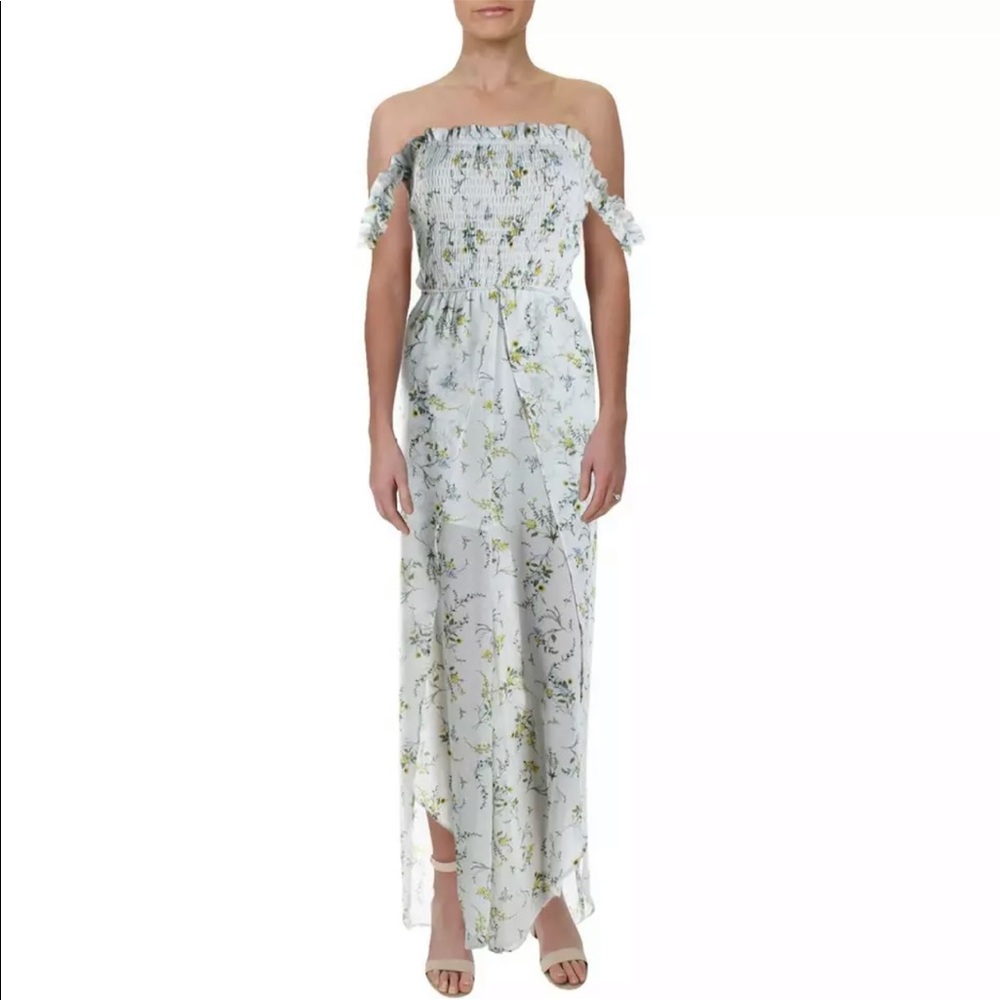 AQUA Bloomingdale’s white floral smocked off shoulder jumpsuit XS S M L